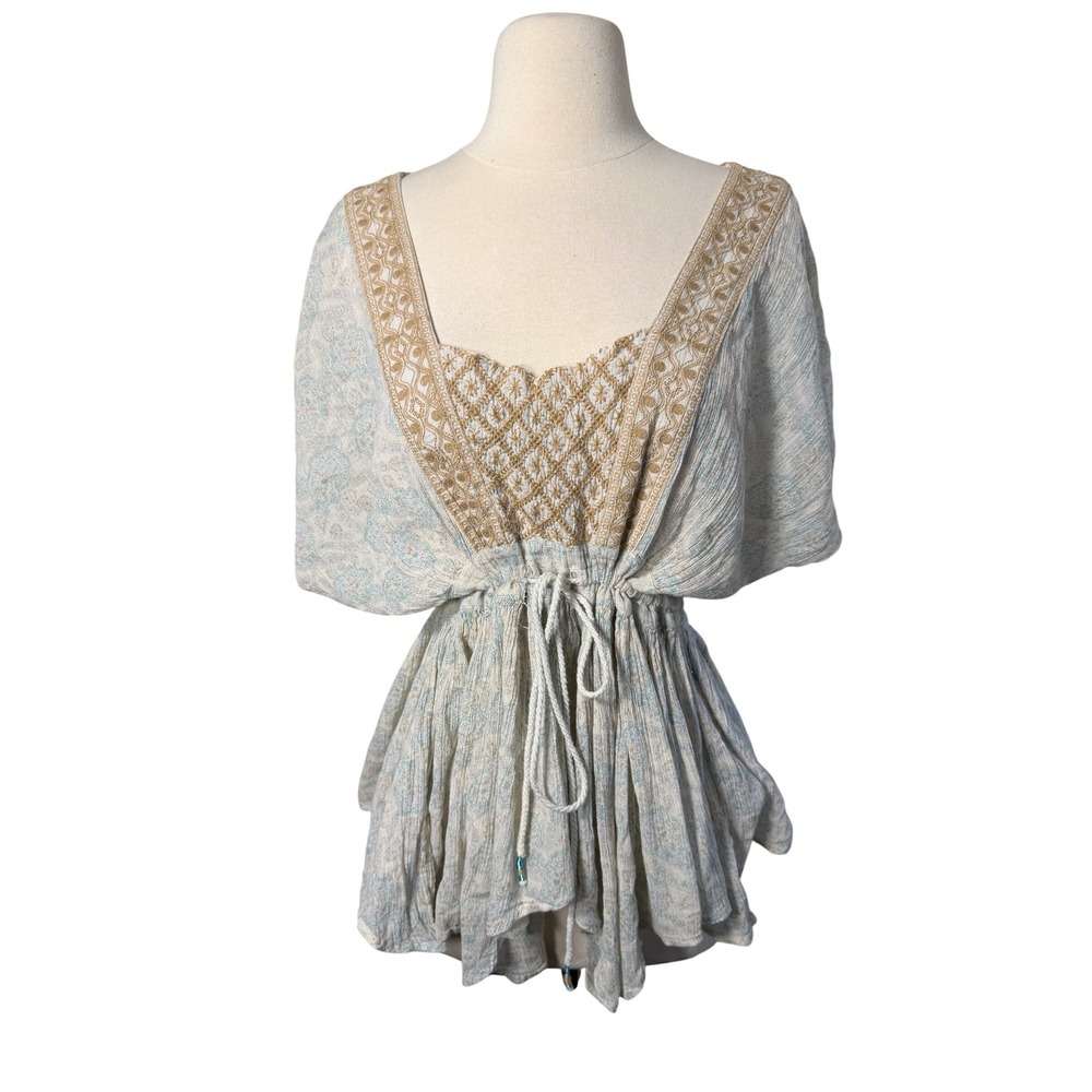Free People Embroidered Paisley Gauze Tunic Top Blue Tan Small